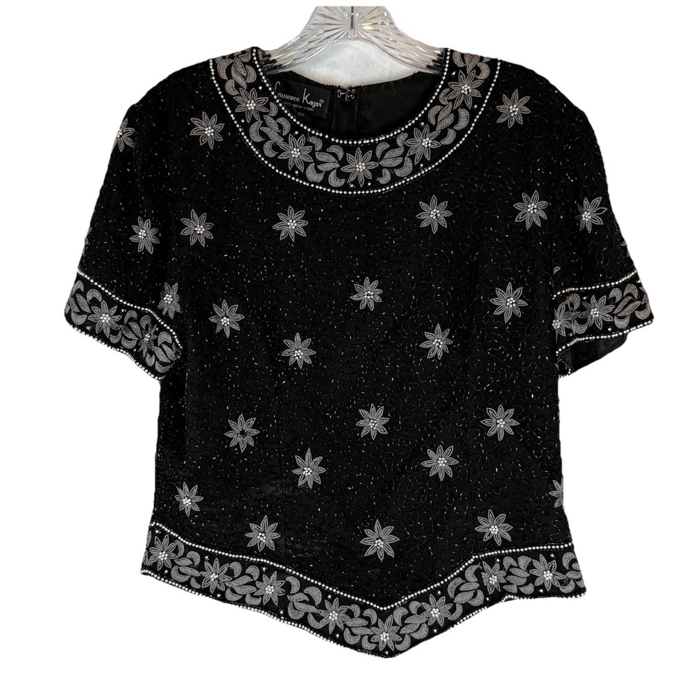 Laurence Kazar Silk Beaded Top L Black Floral Embroidered Evening Luxe Top